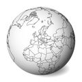 Blank political map of Europe. 3D Earth globe with black outline map. Vector illustration Royalty Free Stock Photo