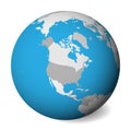 Blank political map of North America. 3D Earth globe with blue water and grey lands. Vector illustration Royalty Free Stock Photo