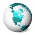 Blank political map of North America. 3D Earth globe with turquoise blue map. Vector illustration Royalty Free Stock Photo