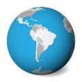 Blank political map of South America. 3D Earth globe with blue water and grey lands. Vector illustration Royalty Free Stock Photo