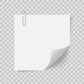 Blank post note with clip. Empty white sheet fastened with clerical paperclip. Royalty Free Stock Photo