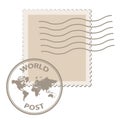 Blank post stamp with world map postmark