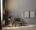 Blank poster frame on gray wall in luxury interior background in dark tones with metal armchair, frame mock up in modern interior Royalty Free Stock Photo