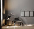 Blank poster frame on gray wall in luxury interior background in dark tones with metal armchair, frame mock up in modern interior Royalty Free Stock Photo