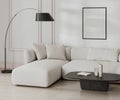 blank poster frame mock up in living room interior in black and white, french style with moldings, white sofa and wall, 3d Royalty Free Stock Photo