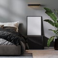 blank poster frame mock up near bed in modern bedroom interior in gray tones, 3d rendering.