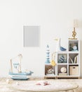 Blank poster frame mock up in scandinavian style children`s room interior with kids shelf with books and toys, 3d rendering Royalty Free Stock Photo