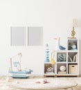 Blank poster frame mock up in scandinavian style children`s room interior with kids shelf with books and toys, 3d rendering Royalty Free Stock Photo