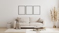 Blank poster frame mock up in  scandinavian style living room interior, modern living room interior background, beige sofa and Royalty Free Stock Photo