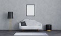 Blank poster frame for mockup.Modern interior of living room for mockup, luxury, loft. Grey sofa, black and gold lamp Royalty Free Stock Photo