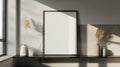 a blank poster frame mockup placed on a sleek shelf cabinet, exuding minimalistic elegance and bathed in natural light