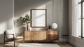 a blank poster frame mockup placed on a sleek shelf cabinet, exuding minimalistic elegance and bathed in natural light