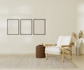 Blank poster frames mock up in beige contemporary minimalist interior with armchair, coffee table and decor. 3d Royalty Free Stock Photo