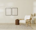 Blank poster frames mock up in beige contemporary minimalist interior with armchair, coffee table and decor. 3d Royalty Free Stock Photo