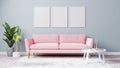 Blank poster frames mock up in Bright living room with pink sofa and light blue wall, pink arches on wooden floor , green plants, Royalty Free Stock Photo