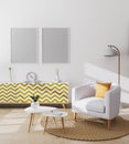 Blank poster frames in stylish scandinavian living room interior of modern apartment with white armchair and yellow pillow, coffee