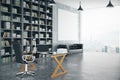 Blank poster in loft private office with book case, leather sofa Royalty Free Stock Photo