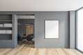 Blank poster mockup in the grey office room with chairs and wooden door