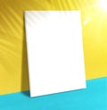 Blank poster at vivid yellow wall and turquoise floor with palm