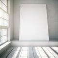 Blank poster in a white loft interior with sunlight, mock up, 3d render