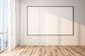 Blank poster on white wall in modern empty room with big windows and wooden floor, mock up Royalty Free Stock Photo