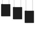 Blank posters hanging on a binder clips. A4 white paper sheet hangs on a rope with clips. Vector