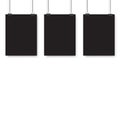 Blank posters hanging on a binder clips. A4 white paper sheet hangs on a rope with clips. Vector