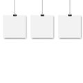 Blank posters hanging on a binder clips. White paper sheet hangs on a rope with clips. Vector Royalty Free Stock Photo