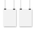 Blank posters hanging on a binder clips. White paper sheet hangs on a rope with clips. Vector