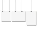 Blank posters hanging on a binder clips. White paper sheet hangs on a rope with clips. Vector