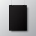 Blank posters hanging with shadows. Hanging black paper on binders. A4 paper page, mockup, sheet on wall - vector