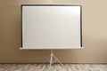 Blank projection screen near beige wall. Space for design