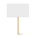 Blank protest sign with wooden holder. Realistic vector demonstration banner. Strike action cardboard placard mockup. Royalty Free Stock Photo