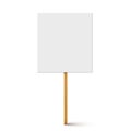 Blank protest sign with wooden holder. Realistic vector demonstration banner. Strike action cardboard placard mockup.