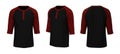 Blank raglan henley t-shirt with half sleeve mockup in front, side and back views