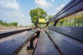 Blank railway sign board, seating bench at railway station platform of mountain village Kalakund near Mhow, Indore, Madhya Pradesh Royalty Free Stock Photo