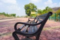 Railway sign board, seating bench at railway station platform of mountain village Kalakund near Mhow, Indore, Madhya Pradesh. Royalty Free Stock Photo