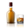 Blank realistic whiskey bottle with glass, isolated on white background. Vector Royalty Free Stock Photo