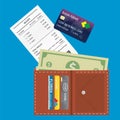 Blank receipt,wallet with money and credit card,on blue background