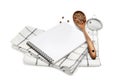 Blank recipe book, spices, napkin and kitchen utensils on white background. Space for text Royalty Free Stock Photo