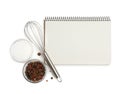 Blank recipe book, spices and whisk on white background, top view. Space for text Royalty Free Stock Photo