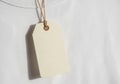 A blank, rectangular cardboard tag with angled corners hangs from a thin string tied through a Royalty Free Stock Photo