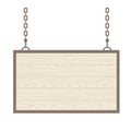 Blank rectangular wooden signboard hanging on metallic chain. Vector flat monochrome