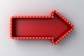 Blank red arrow sign board with retro yellow neon light bulbs on white wall background