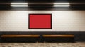 Blank red billboard in metro station, poster mockup on tiled wall. Empty space for advertising in urban underground. Concept of Royalty Free Stock Photo