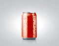 Blank red cold aluminium soda can mockup with drops