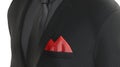 Blank red folded pocket square in black classic suit mockup