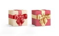 Blank red and gold gift box ribbon bow mockup, isolated