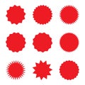 Blank red promo stickers set. Starburst, graphic, sunburst, shine, stamp, decoration, sunshine, glitter symbol. Royalty Free Stock Photo
