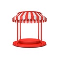 Blank red stage podium pedestal with red striped dome awning roof or blank product display award winning stand platform isolated
